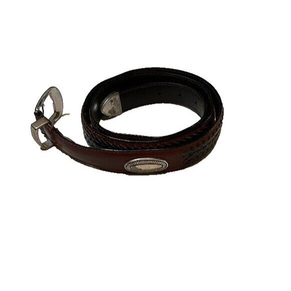 Fossil Western Brown Genuine Leather Silver Medal Medallions 46" Belt*Flawed - Picture 1 of 6